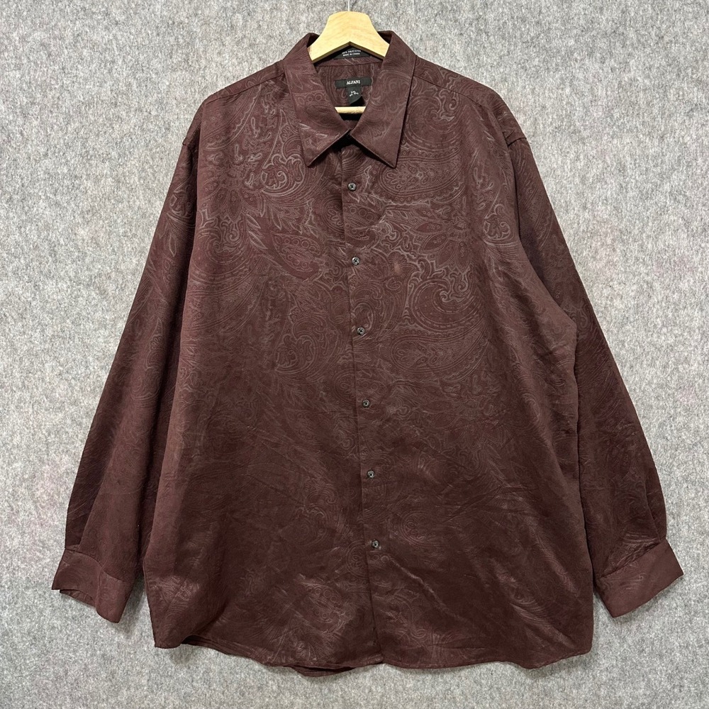 Alfani Mens Paisley Long Sleeve Button Down Shirt Burgundy XXL Polyester